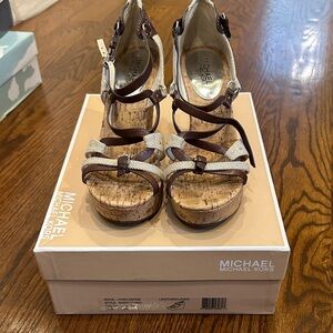 Michael Kors Leather and Linen Cork Wedge Strappy Sandals